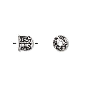 Cord end glue-in 1pkg6 silver-plated, 8x7mm round / line design / 4.5mm inside diameter, brass / antiqued