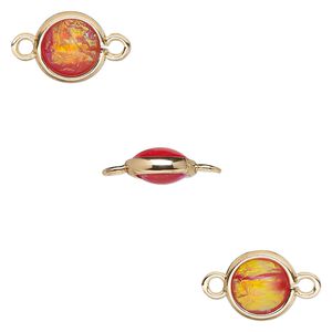 Link, Opalized Ice&trade;, "opal" (resin) and gold-finished brass, orange, 9.5mm double-sided round. Sold per pkg of 6.