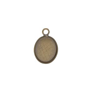 Drop, antiqued brass, 13x11mm oval with beaded edge and 12x10mm oval bezel cup setting. Sold per pkg of 12.