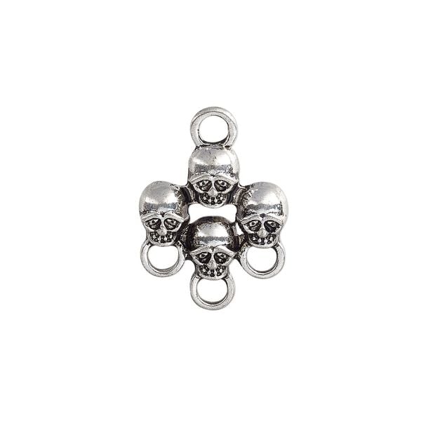 Drop, antique silver-plated "pewter" (zinc-based alloy), 17x16mm single-sided skulls with 3 loops. Sold per pkg of 6. image number 0