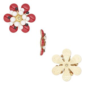 Component, epoxy and gold-finished copper, white / red / black, 30x25.5 center-drilled single-sided flower. Sold per pkg of 2.
