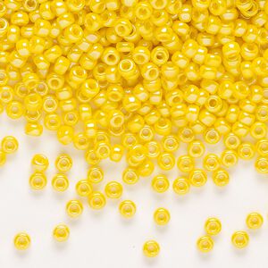 Seed bead, Miyuki, glass, pkg/250g, #8 rocaille, opaque rainbow canary (RR-472D).