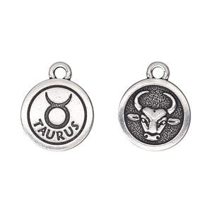Charm, TierraCast&reg;, antique silver-plated pewter (tin-based alloy), 15mm two-sided flat round with Taurus zodiac sign and symbol. Sold per pkg of 20.