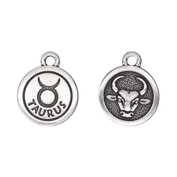 Charm, TierraCast&reg;, antique silver-plated pewter (tin-based alloy), 15mm two-sided flat round with Taurus zodiac sign and symbol. Sold per pkg of 20. image number 0