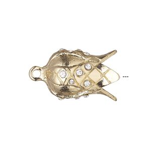 Cord end glue-in 1pkg2 "pewter", 21x14mm fancy bell / 7mm inside diameter, gold-finished / glass rhinestone clear