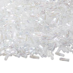 Bead, Miyuki, bugle bead, glass, pkg/50 g, 6x2mm center-drilled twisted, rainbow translucent crystal clear, (TW-250).
