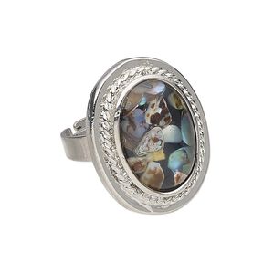 Ring brass / multi-shell 1pkg1, 26x21mm oval fancy edge, bleached/dyed/assembled silver finish / multicolored