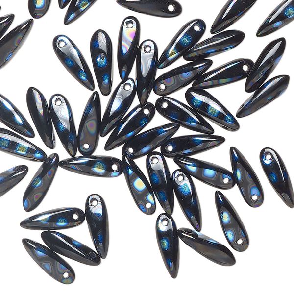 Bead 1pkg50 Czech pressed glass, opaque black and metallic rainbow, 10x3mm top-drilled dagger. image number 0