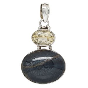 Pendant, tiger iron (natural) / citrine (heated) / sterling silver, 35x27mm oval. Sold individually.