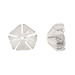 Bead cap, silver-finished copper, 16x10.5mm leaves, fits 12-16mm round bead. Sold per pkg of 10.
