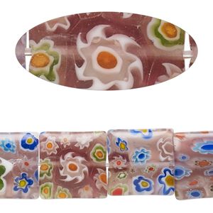 Bead, millefiori glass, translucent pink and multicolored, 13mm-15x14mm puffed square with flower design. Sold per 14-inch strand.