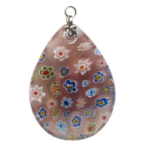 Focal, millefiori glass and silver-finished steel 1pkg1, translucent purple and multicolored, 40x29mm-41x30mm puffed teardrop.