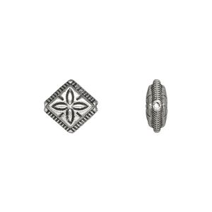 Bead 1pkg50 silver-plated "pewter", 11mm flat diamond flower / 2sided, antique