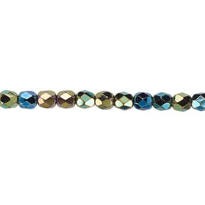 Bead, Czech fire-polished glass, iris green, 4mm faceted round. Sold per pkg of 1,200 (1 mass).