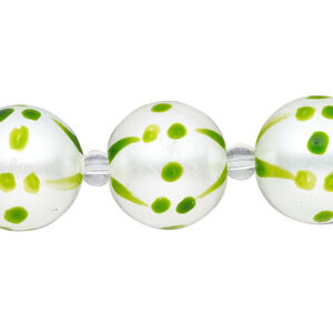 Bead, glass 1pkg8, opaque green and white, 16mm hand-painted round.
