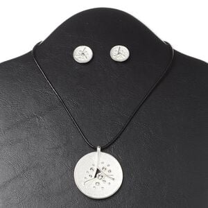Necklace and earring set, Everyday Jewelry, crystals / leather (dyed) / silver-finished steel and "pewter" (zinc-based alloy), black and crystal clear, 44mm round, 16-inch necklace with 3-inch extender chain and lobster claw clasp, 14mm round earrings with post. Sold per set.