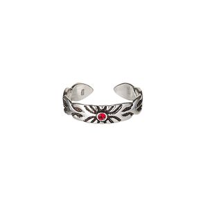 Toe ring, Create Compliments&reg;, antiqued sterling silver and crystal, red, 4mm wide with sun design, adjustable. Sold individually.