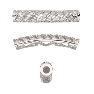 Bead 1pkg1 silver-finished, 31x6mm curved tube / fancy cutout, brass / clear cubic zirconia