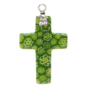 Focal 1pkg1 millefiori glass and silver-finished steel, translucent yellow / white / green, 31x24mm-34x26mm cross.