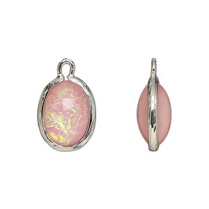 Drop, Opalized Ice&trade;, "opal" (resin) and imitation rhodium-finished brass, opaque light pink, 16x12mm double-sided oval .Sold per pkg of 4.