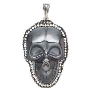 Hemalyke&trade; / brass / glass rhinestone 1pkg1, silver-finished 1-sided skull pendant 37x25mm