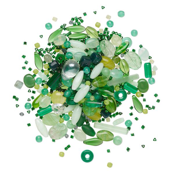 Bead mix, Czech pressed glass, opaque to transparent multi-green, 5x4mm-35x8mm mixed shapes. Sold per 4-ounce pkg, approximately 455 beads. image number 0