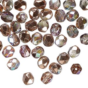 Czech fire-polished glass 1pkg60, faceted round bead half-coated Capri gold / copper clear AB 6mm