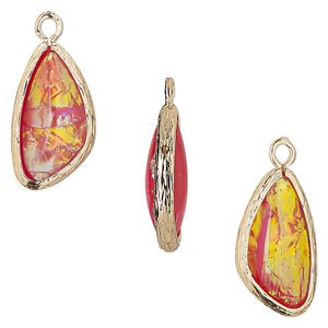 Drop, Opalized Ice&trade;, "opal" (resin) and gold-finished brass, orange, 19.5x11mm double-sided wing. Sold per pkg of 4.