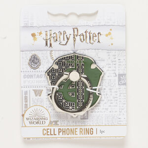 Cellphone ring, silver-finished brass and steel / enamel / adhesive, green, 43x39mm with Slytherin&trade; crest and ring.