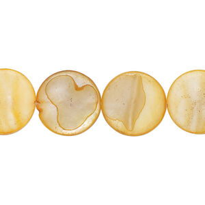 Mother-of-pearl shell 1pkg1, puffed flat round bead 15 inch dark apricot 13-14mm