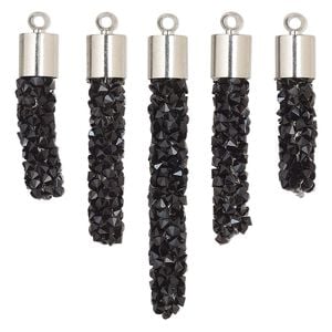 Focal, glass / resin / imitation rhodium-finished brass, black, 22.5x6mm-37x6mm graduated fan stick. Sold per 5-piece set.