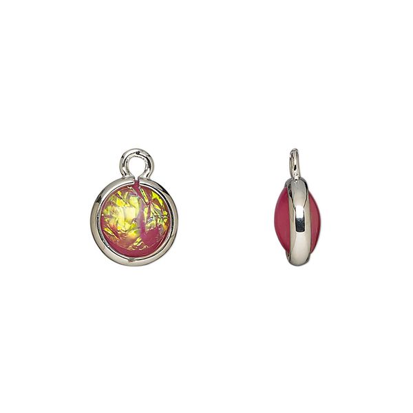 Drop, Opalized Ice&trade;, "opal" (resin) and imitation rhodium-finished brass, opaque light purple, 9.5mm double-sided round. Sold per pkg of 6. image number 0