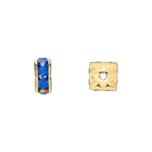 Bead 1pkg10 gold-finished, 8x4mm squaredelle, brass / sapphire blue rhinestone