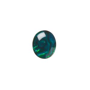 Cabochon, paua shell (coated / dyed), green, 12x10mm calibrated oval, Mohs hardness 3-1/2. Sold per pkg of 6.