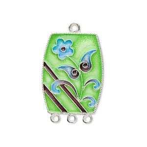 Focal, sterling silver with cloisonn&eacute;, green with blue flower, 30x18mm rectangle with 3-loops. Sold individually.