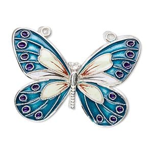Focal, sterling silver with cloisonn&eacute;, teal, 36x27mm butterfly. Sold individually.