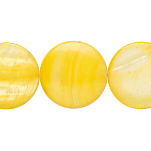 Mother-of-pearl shell 1pkg1, puffed flat round bead 15 inch yellow 19-20mm