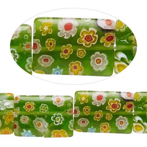 Bead, millefiori glass, transparent multicolored, 18x13mm flat rectangle with 0.6-0.8mm hole. Sold per 15-inch strand.