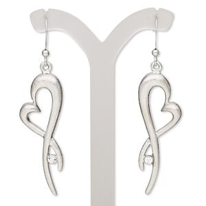 Earring, glass rhinestone with imitation rhodium-plated brass and "pewter" (zinc-based alloy), clear, 2 inches with brushed open fancy heart and fishhook ear wire. Sold per pair.