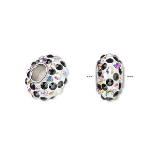 Bead 1pkg1 imitation rhodium-plated, 13x8mm-14x8mm rondelle / spiral, brass / glass rhinestone / epoxy / white / black / clear AB Dione&reg;