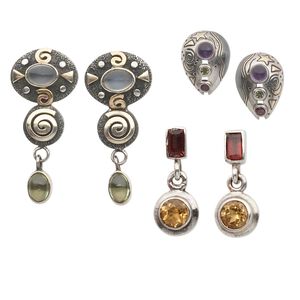 Earring mix, multi-gemstone (natural / dyed / heated) and sterling silver, 12x9mm-44x16mm mixed shape with mixed earwires. Sold per pkg of 3 pairs.