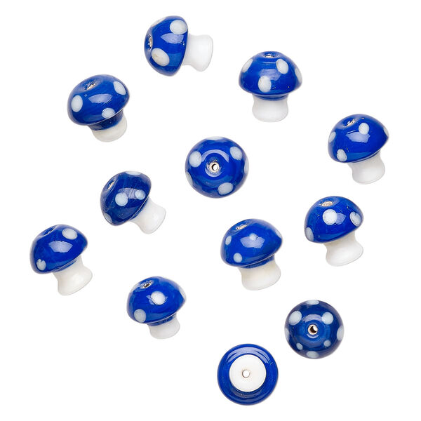 Bead, lampworked glass 1pkg12, opaque blue / white, 13x12mm 3D mushroom. image number 0