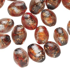 Bead, lampworked glass, translucent red-orange / black / orange, 12x9mm oval with silver-colored foil. Sold per 2-ounce pkg, approximately 40 beads.
