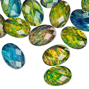 Cabochon, resin, opalescent black and multicolored, 14x10mm non-calibrated faceted oval. Sold per pkg of 20.