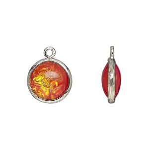 Drop, Opalized Ice&trade;, "opal" (resin) and imitation rhodium-finished brass, opaque orange, 14mm double-sided round. Sold per pkg of 4.