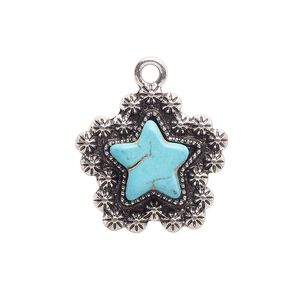 Charm, antique silver-finished "pewter" (zinc-based alloy) and "turquoise" (resin) (imitation), turquoise blue, 22mm single-sided star. Sold per pkg of 4.