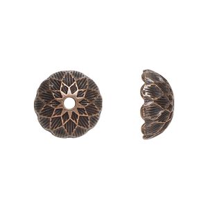 Bead cap, antiqued copper-finished "pewter" (zinc-based alloy), 14x7mm round, fits 14-15mm beads. Sold per pkg of 10.