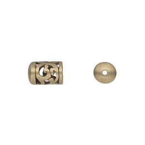Cord end 1pkg2 brass, 11x7mm filigree round tube / 5mm inside diameter, antiqued / JBB Findings