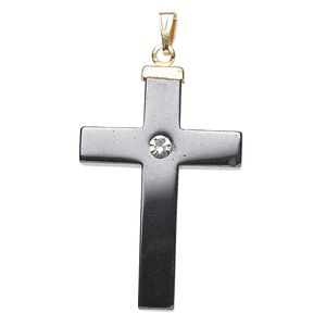 Hemalyke&trade; / glass rhinestone / mixed metal 1pkg4, gold- finished brass cross pendant 34x22mm