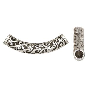 Bead 1pkg2 silver-finished "pewter", 52x16mm curved tube / cutout wave, antique